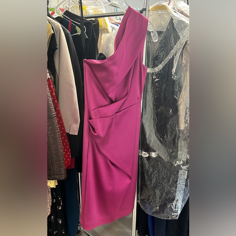 David Meister Satin Ruched One Shoulder Dress